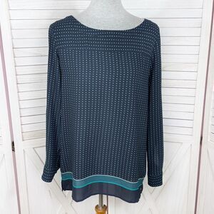 Loft Polka Dot Pleated Back Tunic Blouse Navy Blue Teal XS